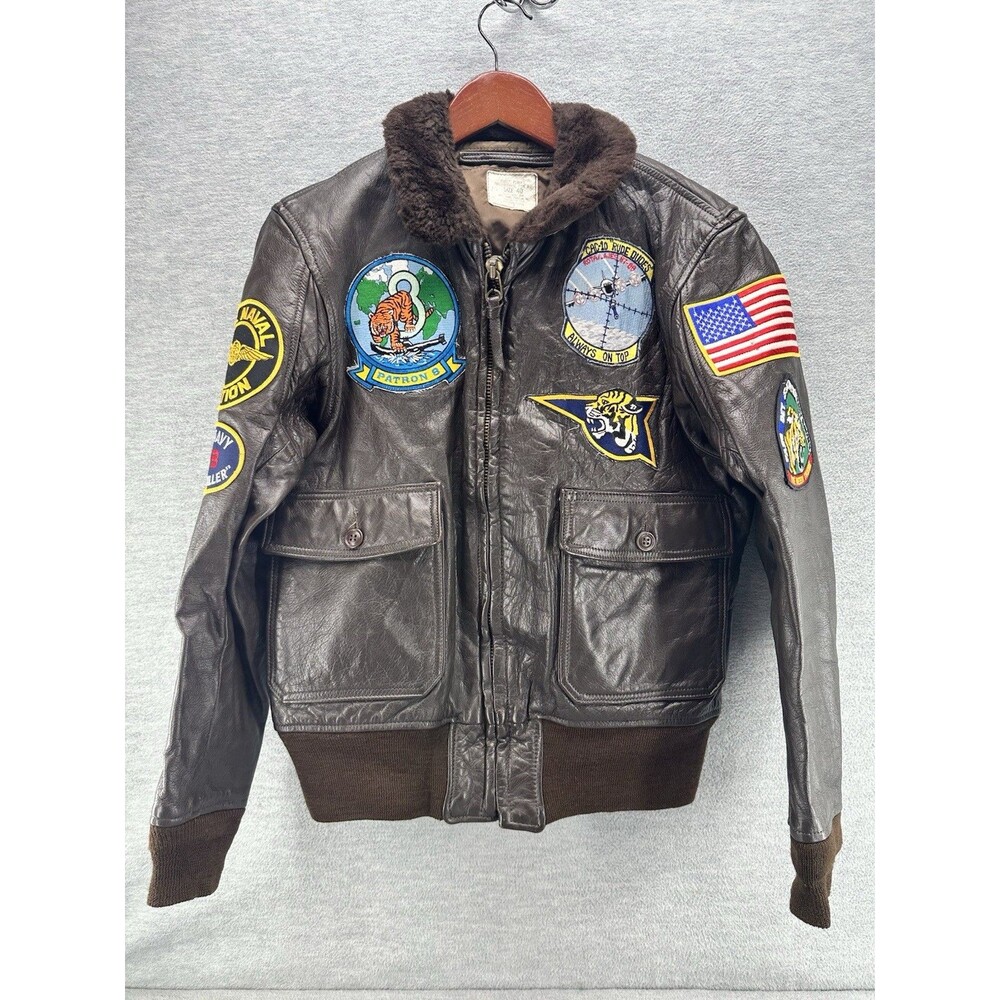 VINTAGE US NAVY G-1 FLIGHT w/Patches Flyers Brown Leather Jacket Sz 40